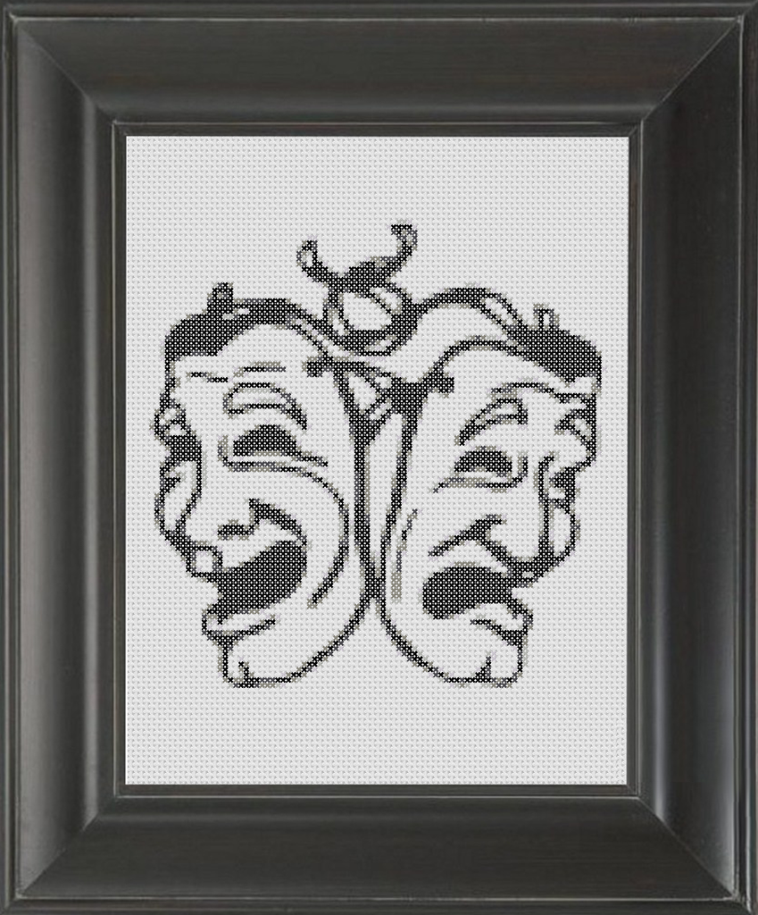 Comedy Drama Masks (Sock and Buskin) BW - Cross Stitch Pattern Chart