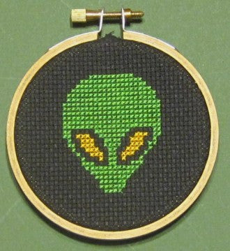 Alien Face Threezle - Cross Stitch FINISHED PIECE
