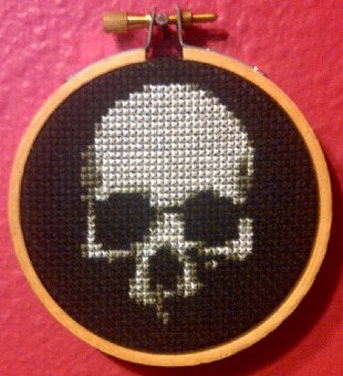 Skull On Black Threezle - Cross Stitch FINISHED PIECE