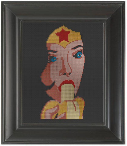 Wonder Woman Eating A Banana - Cross Stitch Pattern Chart